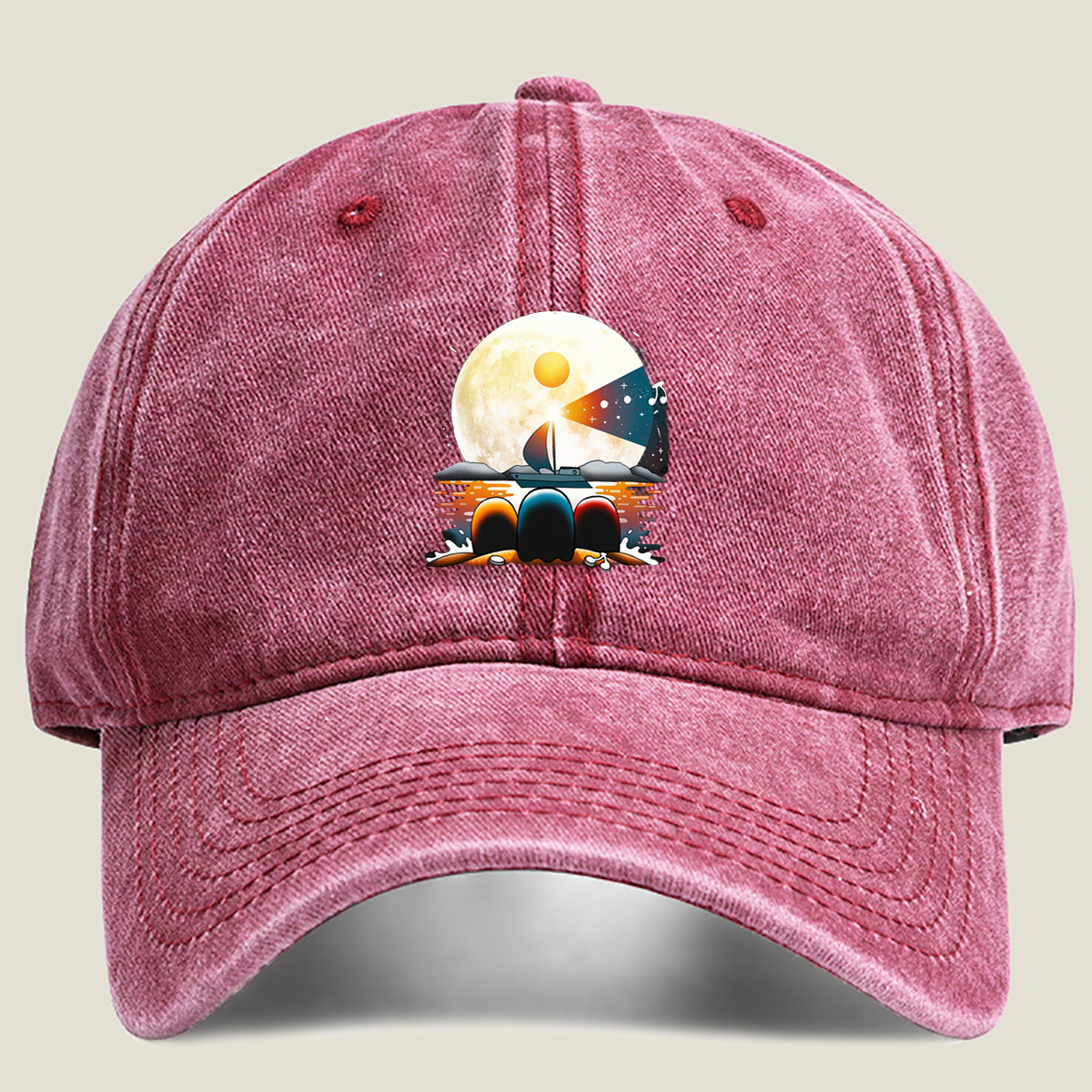 Sailboat Under the Moonlight with Musical Notes - Washed Denim - Baseball Cap