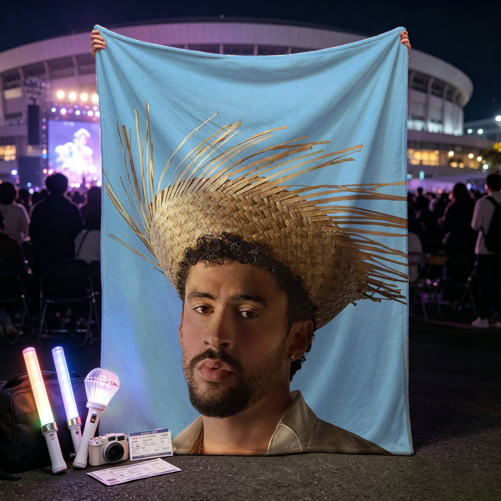 Bad Bunny Wearing a Straw Hat with Spiky Design Against a Blue Background - Blankets