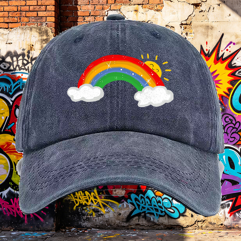 Men's Rainbow Print Washed Cotton Cap with Sunny Cloud Design Lightweight Casual Round Brim Summer Hat for Outdoor Activities and Daily Wear Adults Unisex Streetwear Fashion Accessory