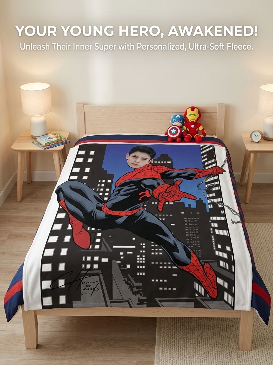 Personalized Superhero Custom Photo Flannel Throw Blanket Soft Comic Face Art Cozy Fleece Bed Sofa Blanket Unique Gift