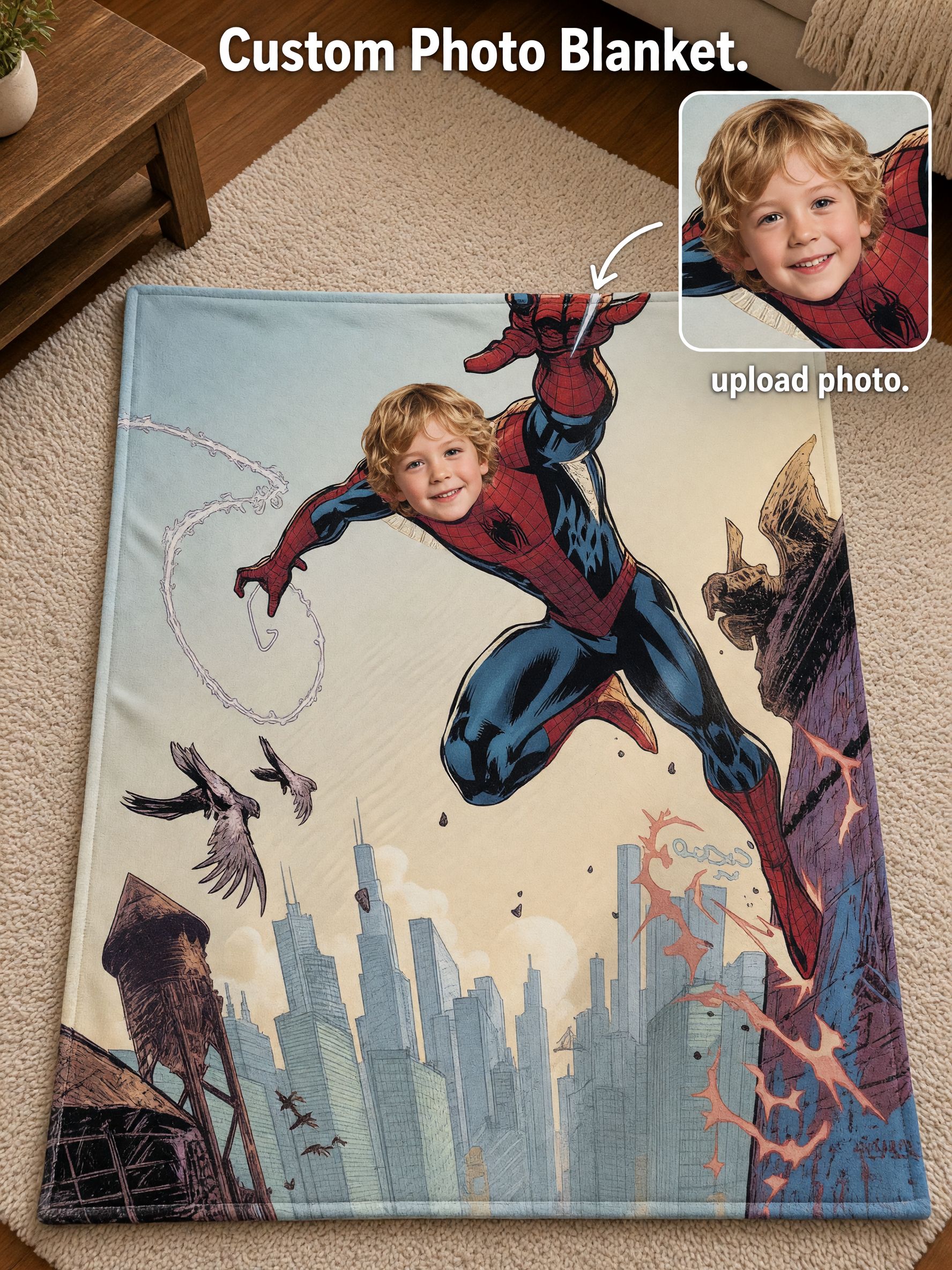 Custom Face Photo Superhero Blanket, Ultra Soft Flannel Comic City Throw, Ideal Personalized Gift for Kids and Fans
