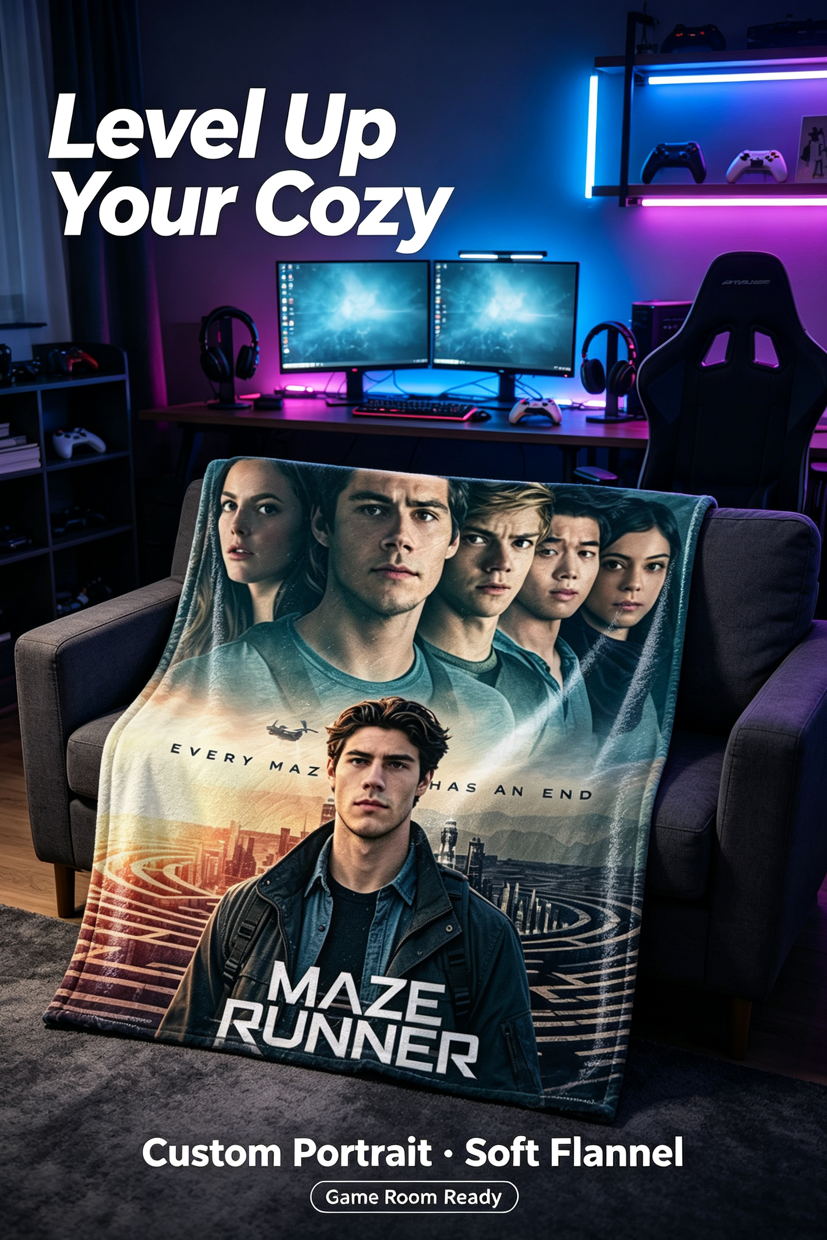 Custom Face Blanket Maze Runner The Death Cure Flannel Blanket Movie Fan Gift for Dorm Room or Couch Cozy Comfort Throw Cover Present