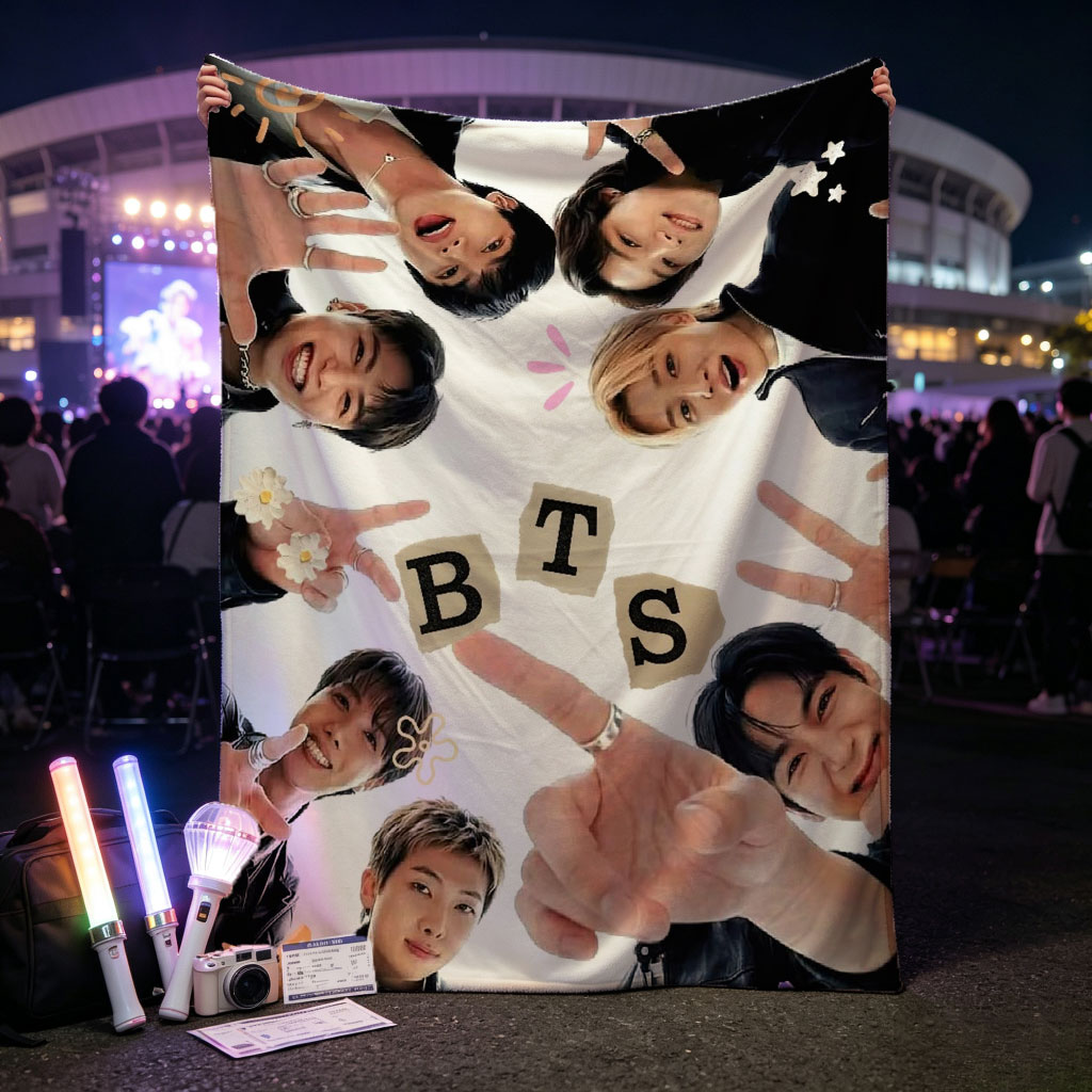BTS Members in a Circle Forming BTS Letters with Hands and Expressive Poses - Blankets