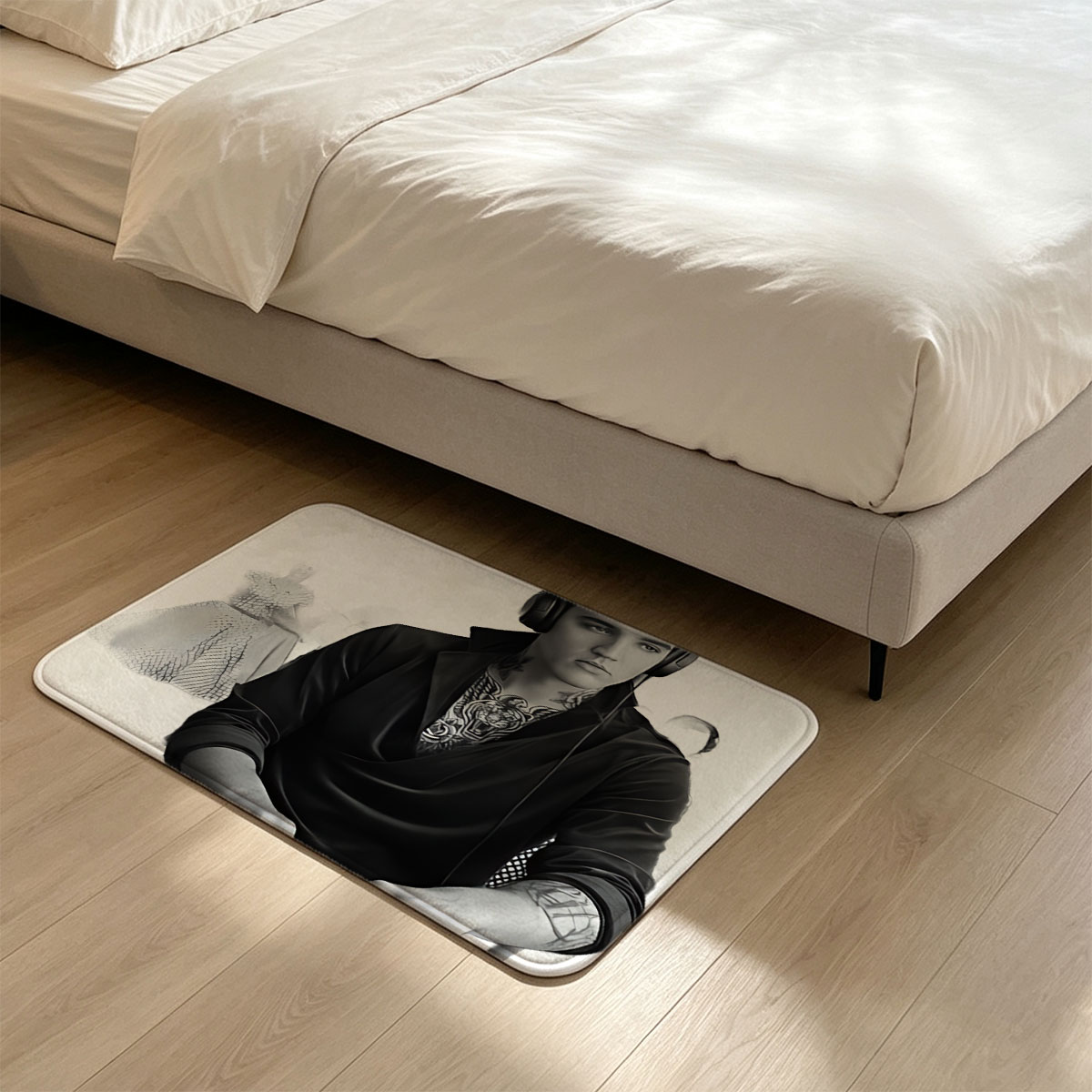 Elvis Presley as a DJ with headphones, tattoos, and a woman in a vintage dress in the background. - Flannel floor mat