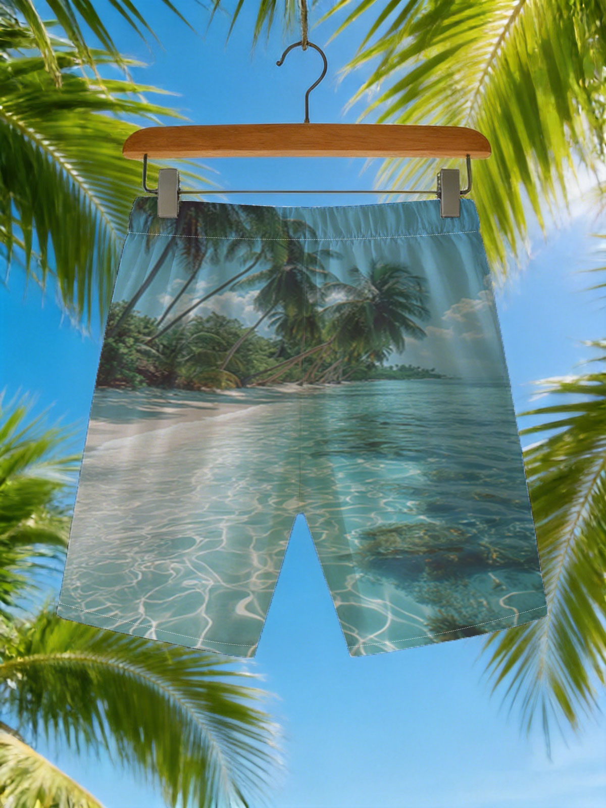 Tropical Beach with Crystal Clear Water and Palm Trees -  Beach shorts
