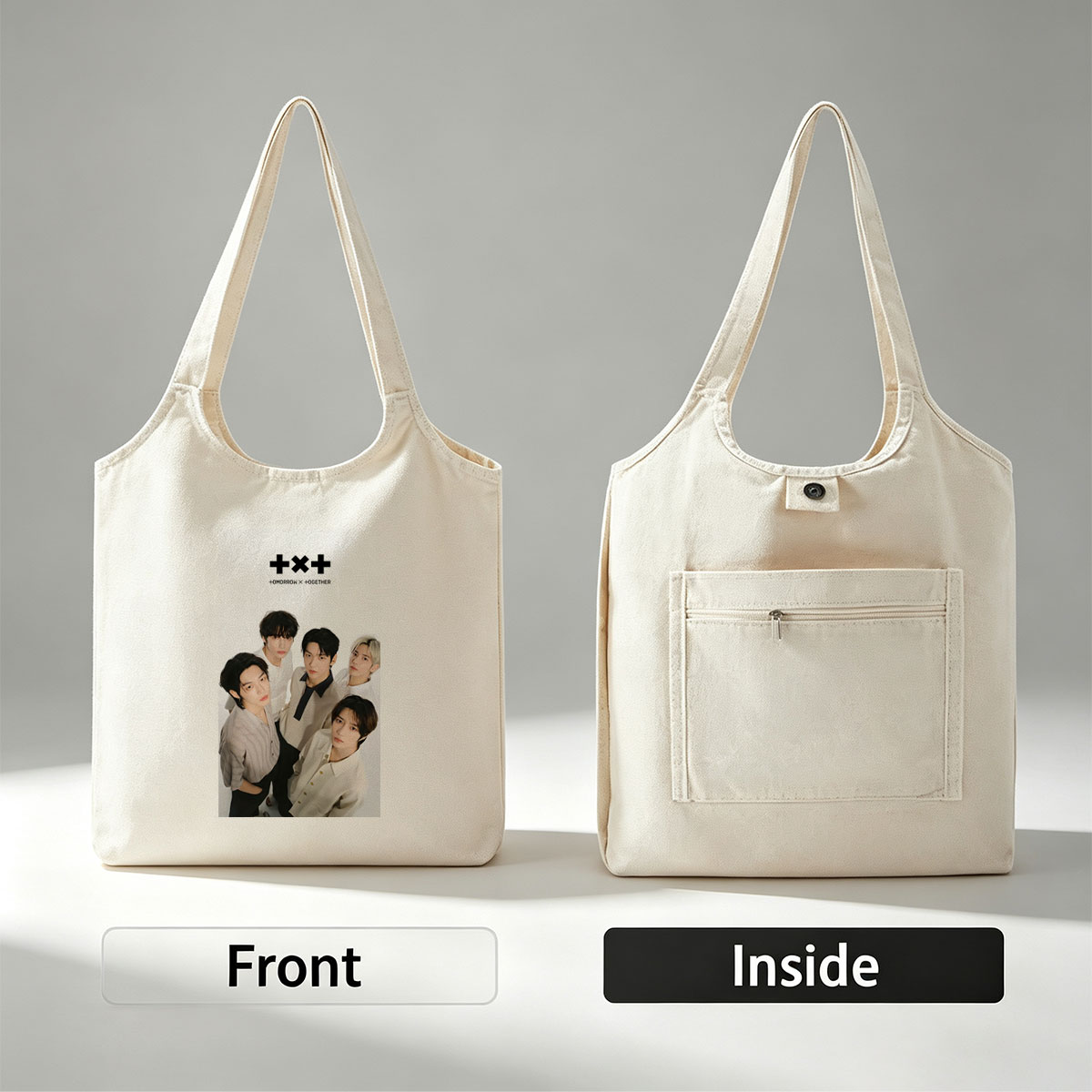 Tomorrow X Together Group Portrait in Minimalist White Outfits on Clean Background - Canvas shoulder bags/