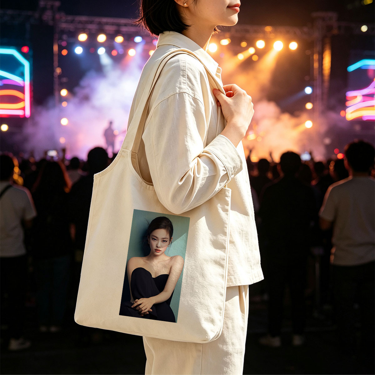 Jennie Kim in Elegant Black Strapless Dress Against Teal Background - Canvas shoulder bags/