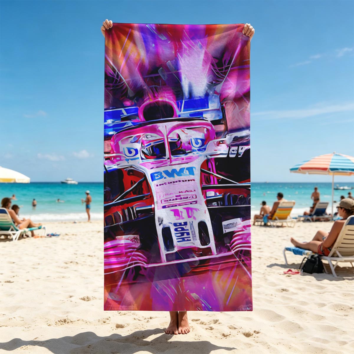 F1 Racing Car in Vibrant Motion Art - Beach towels