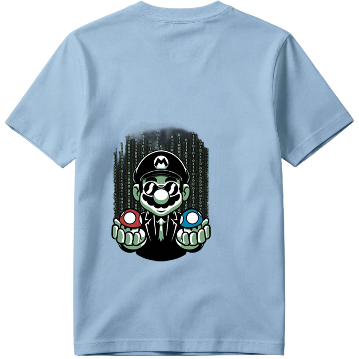 Mario in Matrix Code with Red and Blue Mushrooms - Tee