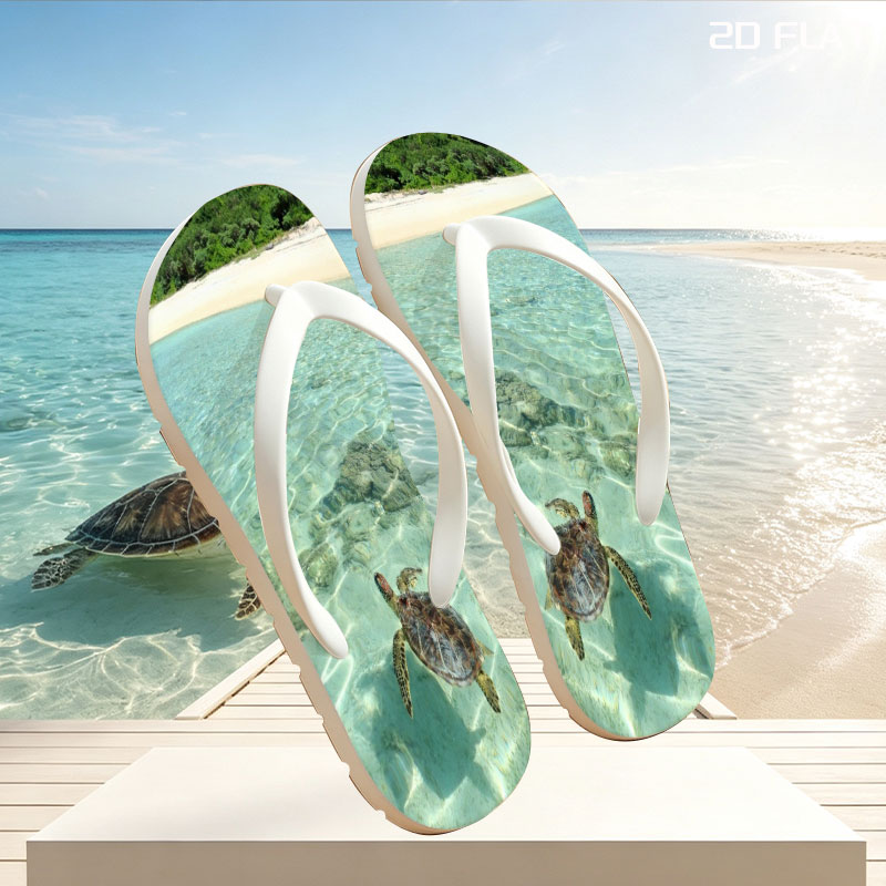 Sea Turtle Swimming in Crystal Clear Waters Near Sandy Beach -  flip-flops