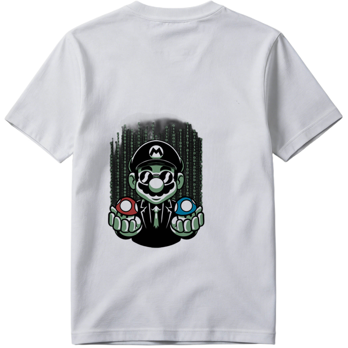 Mario in Matrix Code with Red and Blue Mushrooms - Tee