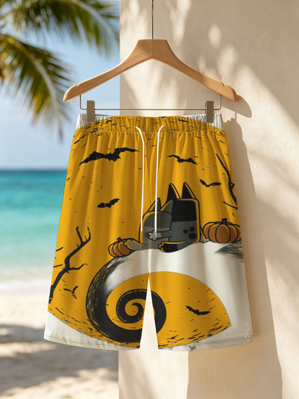 Pusheen the Cat in Halloween Moonlight with Pumpkins and Bats -  Beach shorts