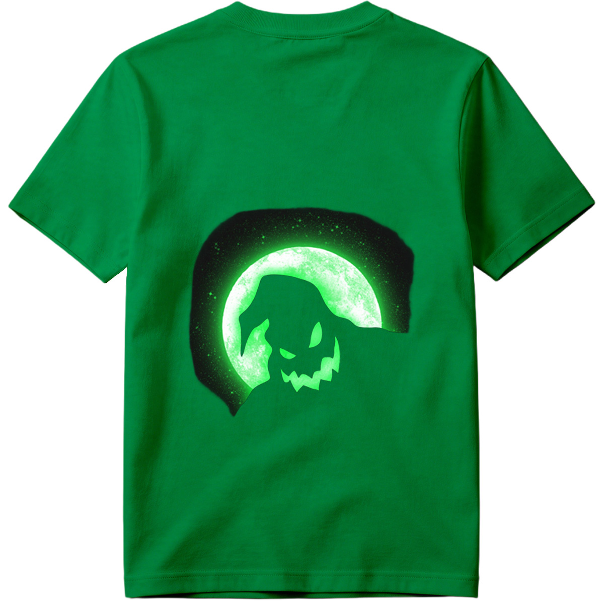 Pumpkin Head Silhouette Against Green Moon - Tee