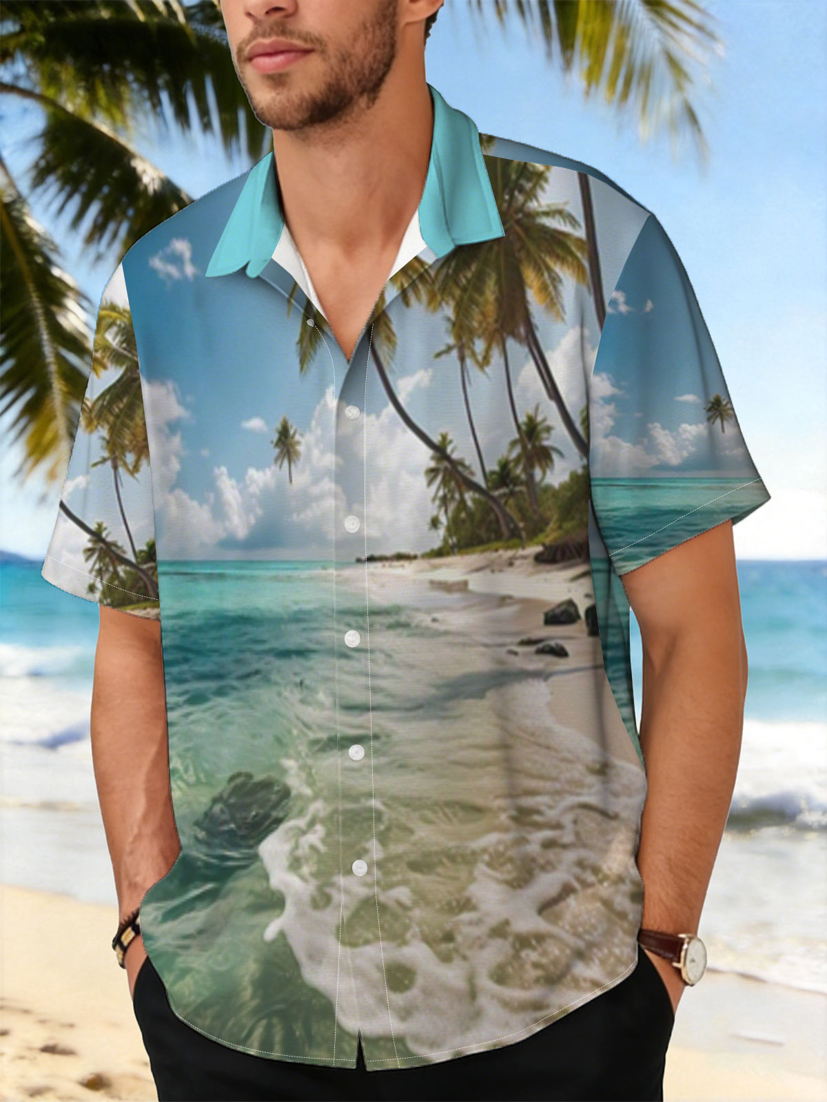 Tropical Beach with Palm Trees and Crystal Clear Water -  Shirt