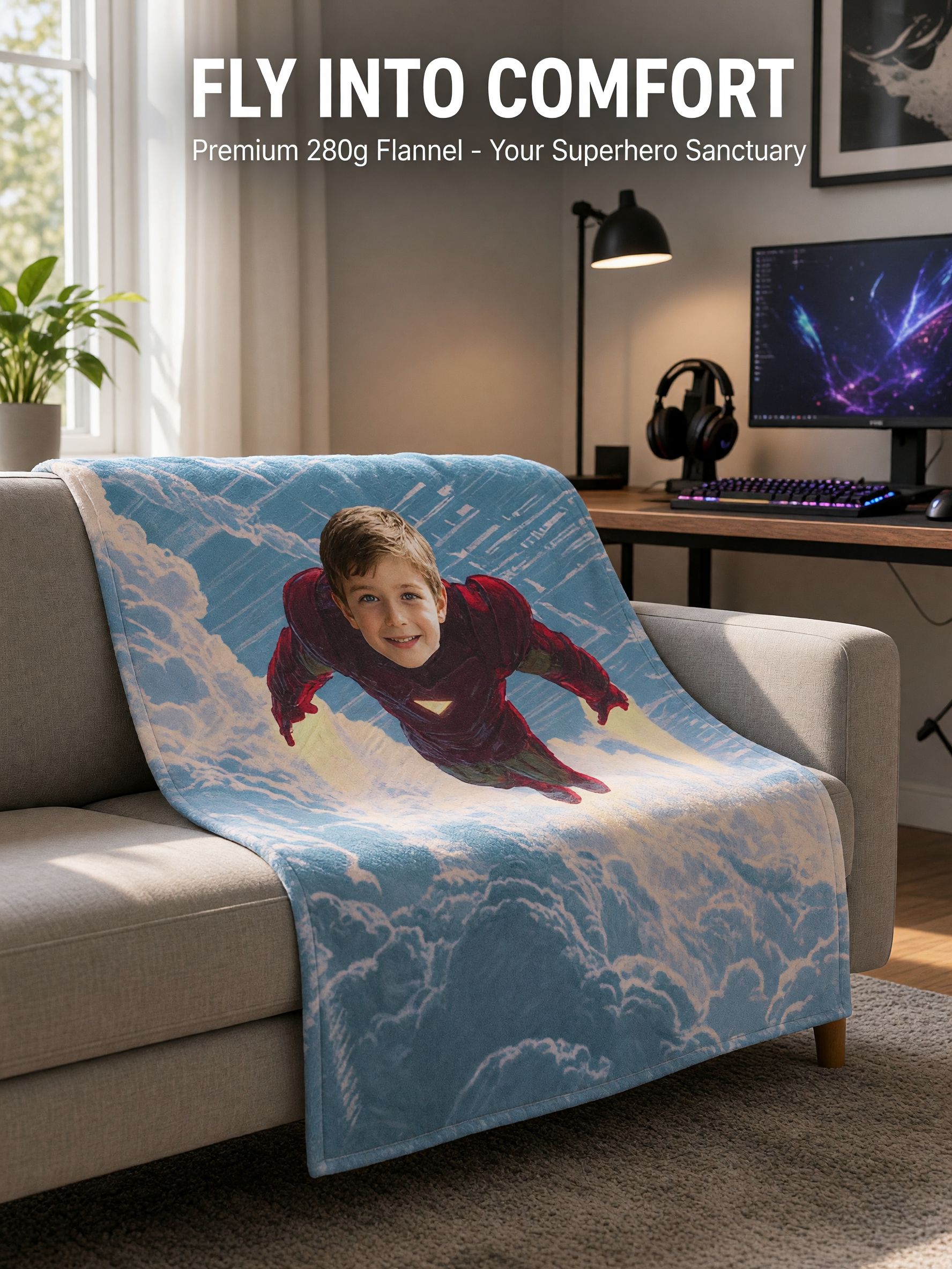 Personalized Custom Face Superhero Flannel Fleece Blanket Ultra Soft Cozy Bed Throw Ideal Birthday Gift for Kids