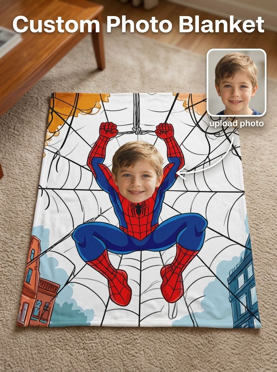 Custom Superhero Face Blanket Personalized Photo Flannel Throw Soft Cozy Fleece Bed Couch Blanket for Kids and Fans