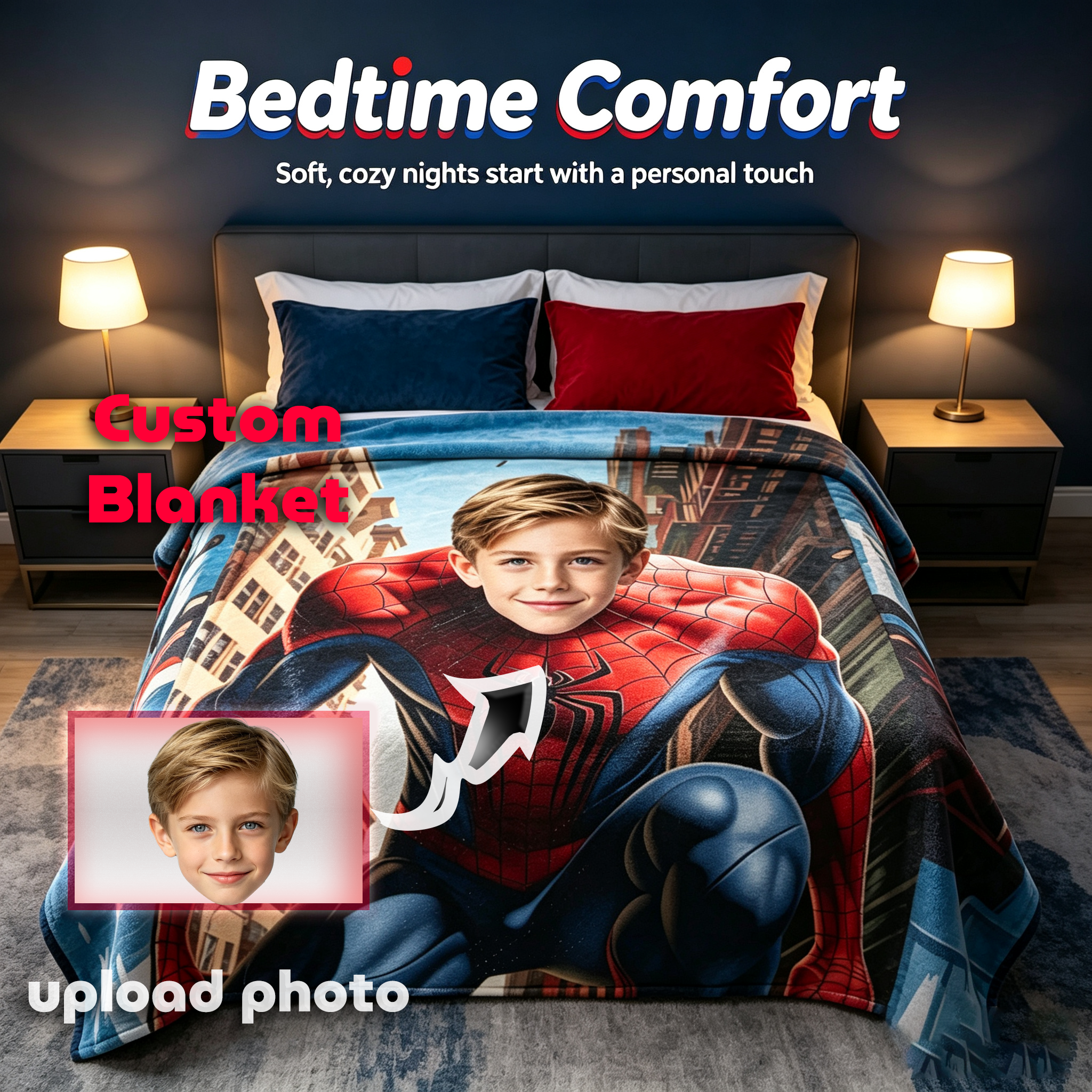 Custom Spider Man Photo Flannel Blanket Personalized Superhero City Background Throw Blanket For Kids Boys Birthday Gift