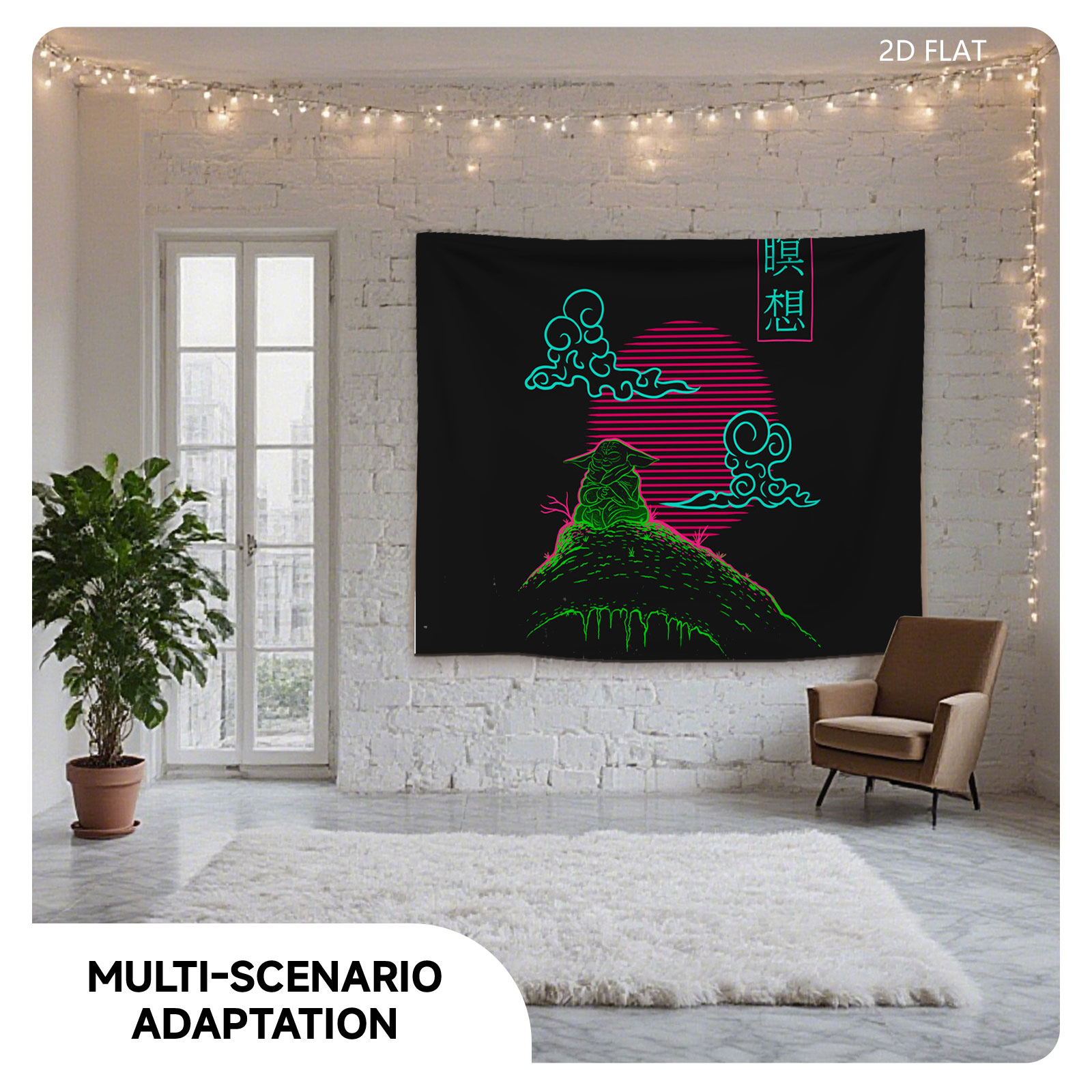 Meditation Mountain with Neon Clouds and Sun - Tapestry