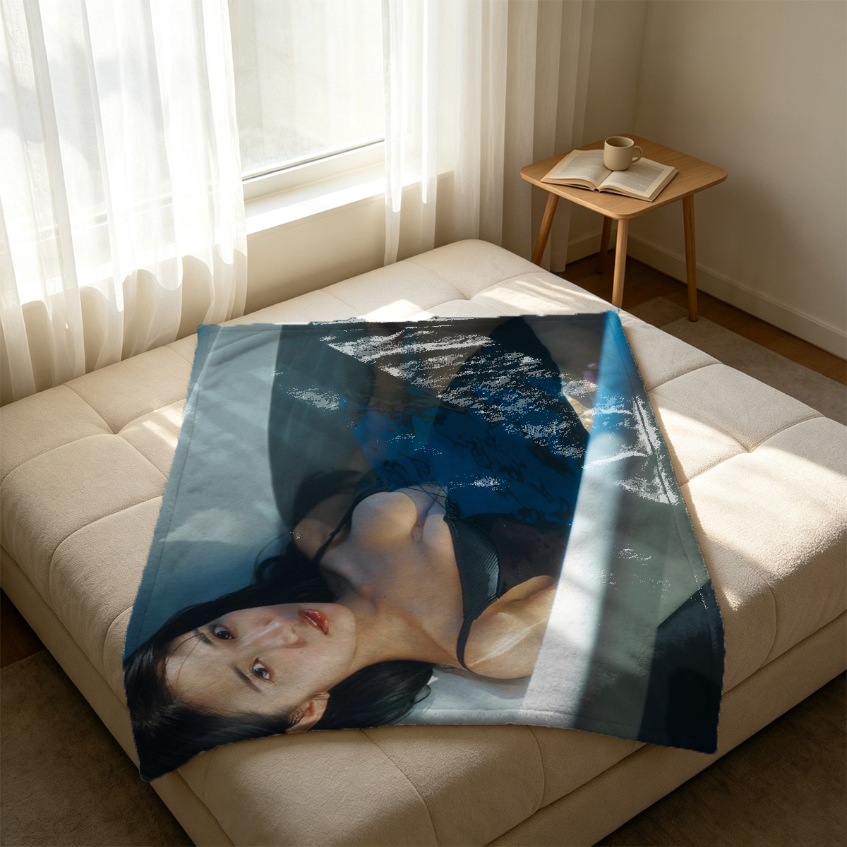 A beautiful Asian woman in beige lace lingerie and black stockings posing seductively on a luxury hotel bed. - Blanket