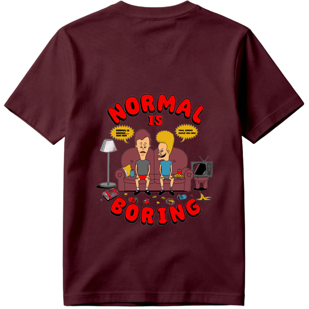Normal Is Boring: Two Cartoon Characters on Couch with Chaos Around - Tee