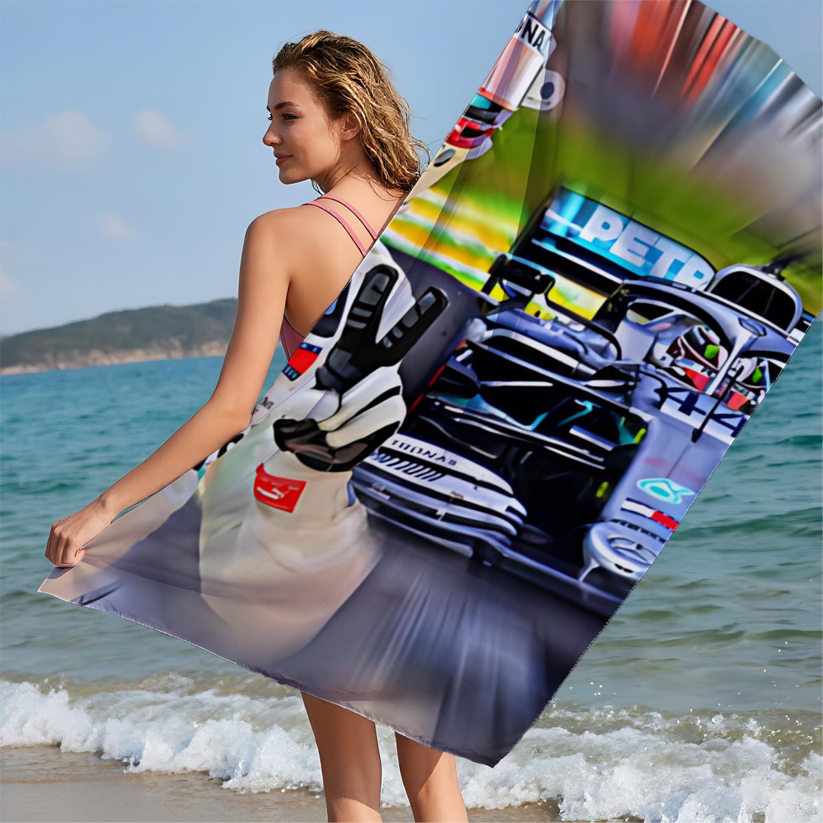 Lewis Hamilton, Mercedes F1 Driver, Celebrating Victory on Track - Beach towels