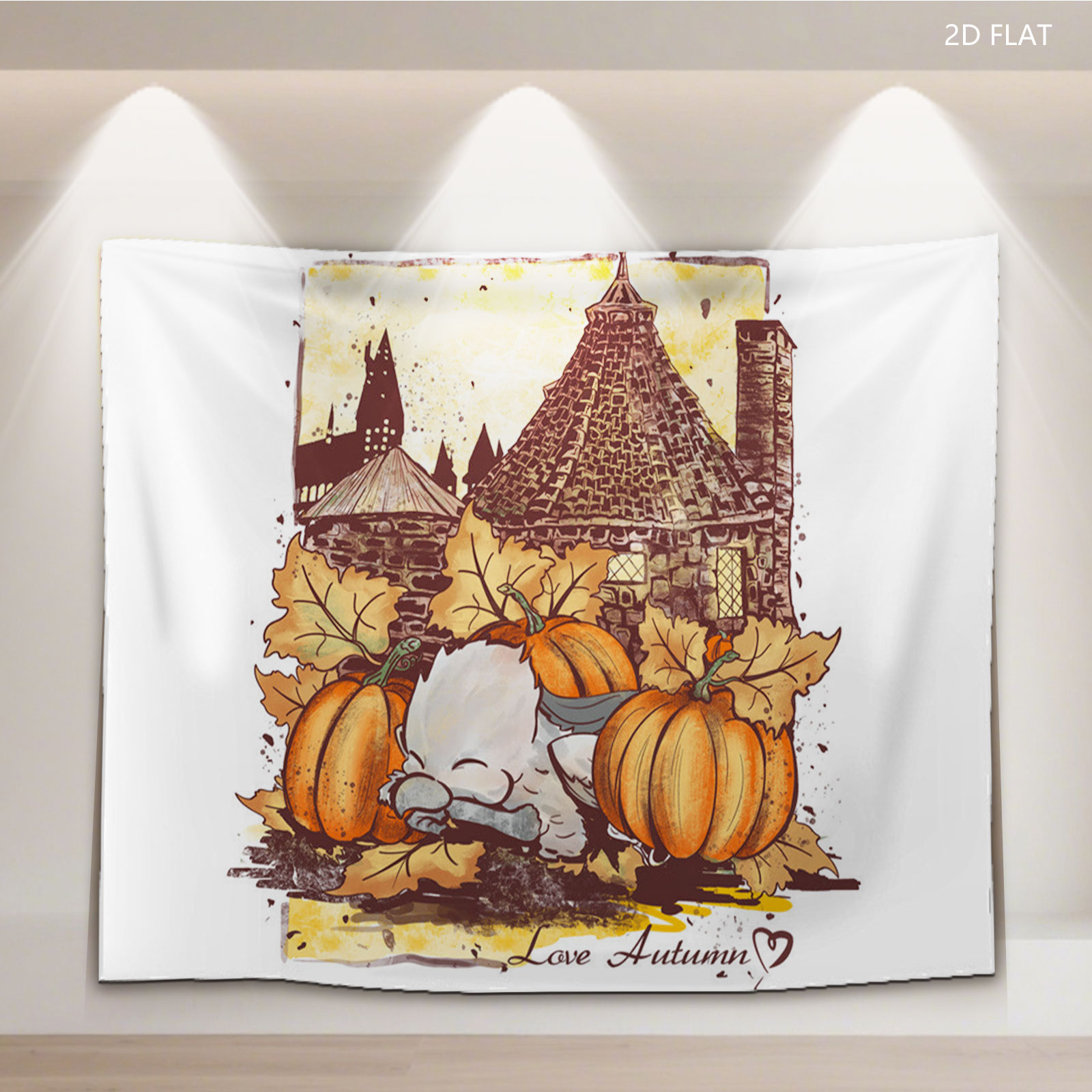 Cute Owl Sleeping Among Pumpkins and Autumn Leaves with Castle Background - Love Autumn - Tapestry