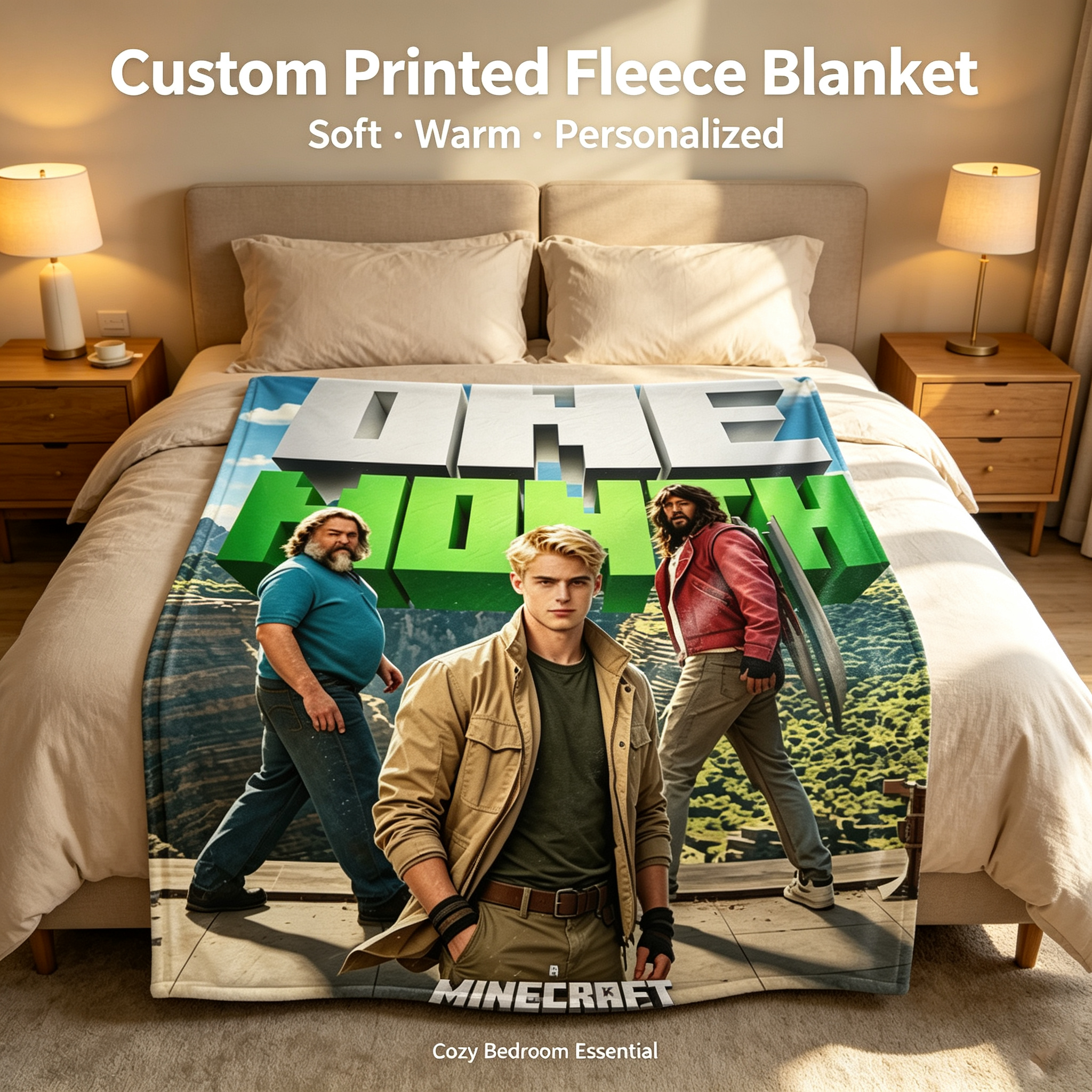 Custom Face Blanket Minecraft Movie Characters Flannel Blanket Perfect for Fans and Gamers Ideal Gift or Giveaway Item
