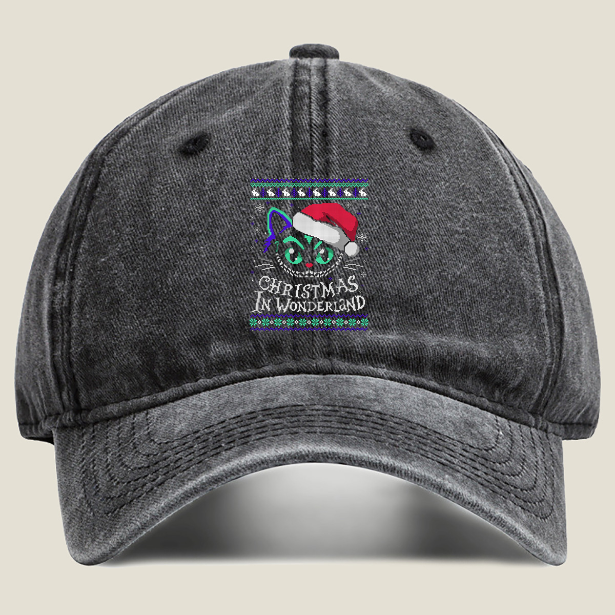 Christmas in Wonderland: Cheshire Cat Ugly Sweater Design - Washed Denim - Baseball Cap