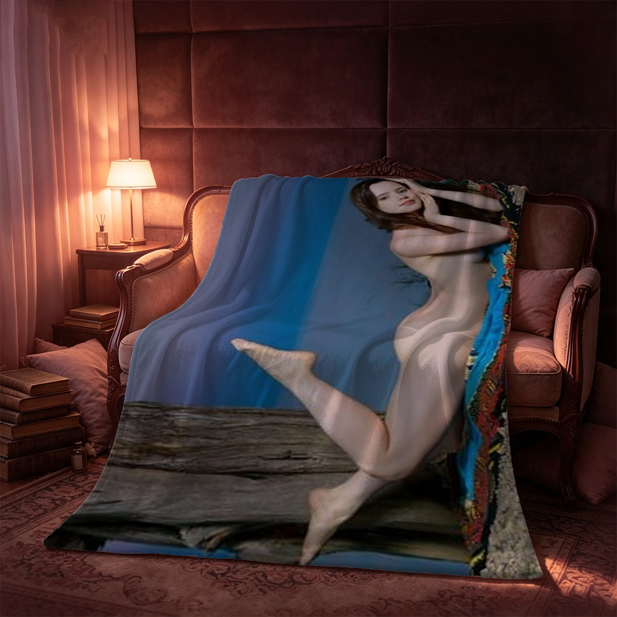 Two nude women in bed, one wearing a white lace headpiece. - Blanket
