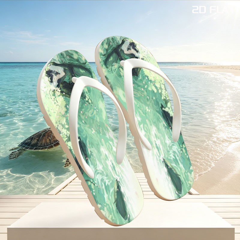 A woman floats gracefully in emerald waters, surrounded by blooming flowers and gentle ripples. -  flip-flops