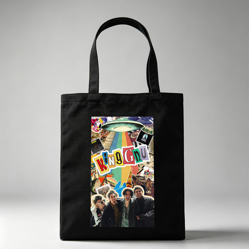 King Gnu Band Members in a Vibrant Collage Featuring Rainbow Path, UFO, and Pop Culture Elements - Canvas tote bags