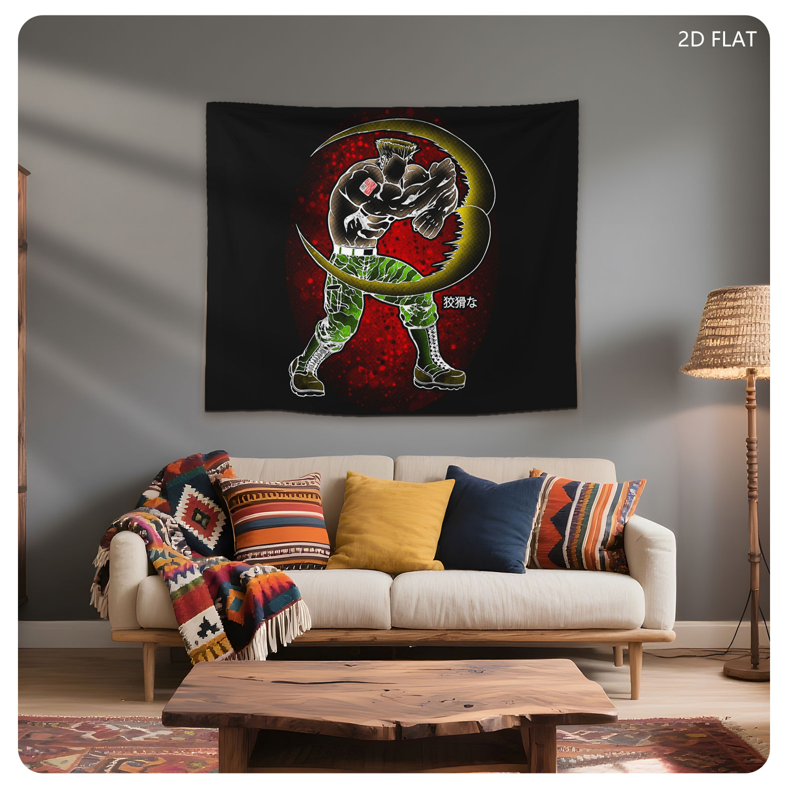 Muscular Soldier with Crescent Moon and Japanese Text - Tapestry