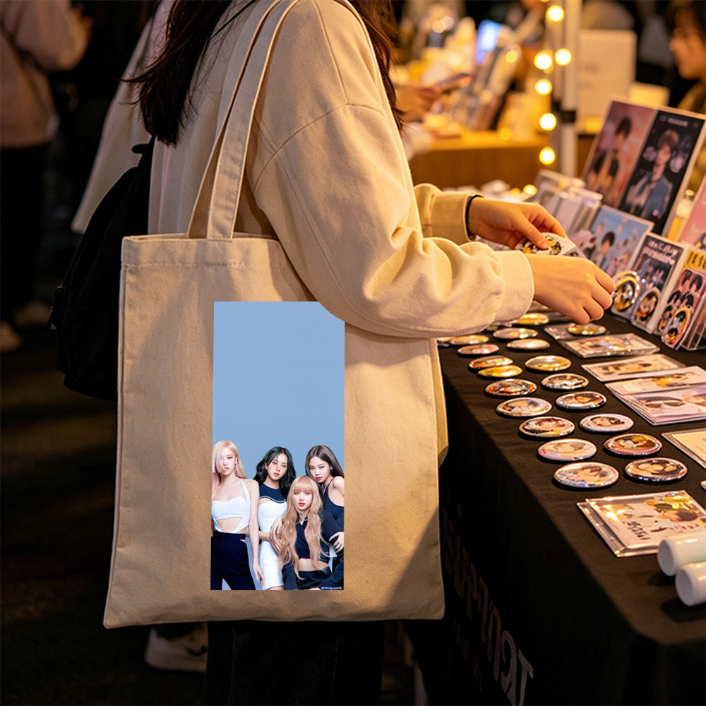 BLACKPINK Group Portrait - Four Members in Stylish Outfits Against Blue Background - Canvas tote bags