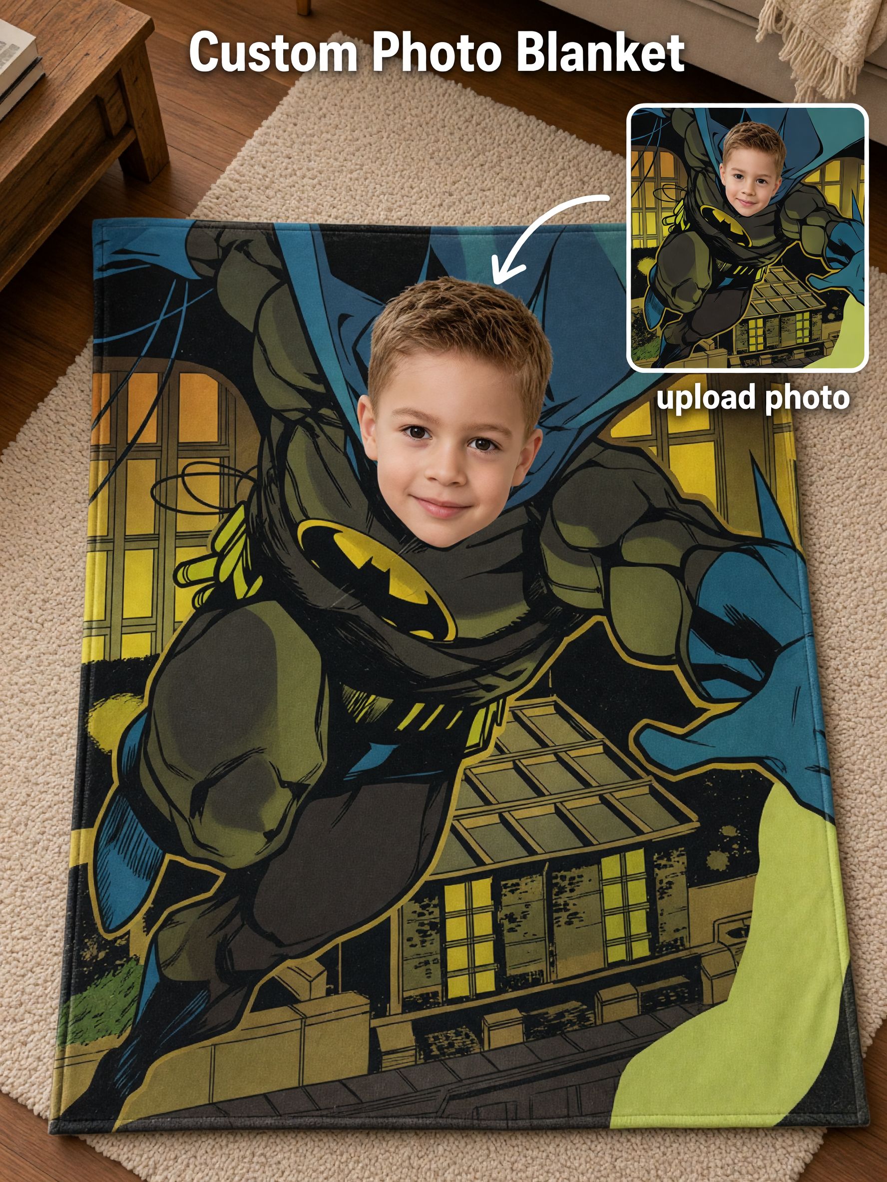 Custom Superhero Face Photo Flannel Blanket Personalized Comic Hero Fleece Throw Lightweight Soft Cozy Cover Bed Couch