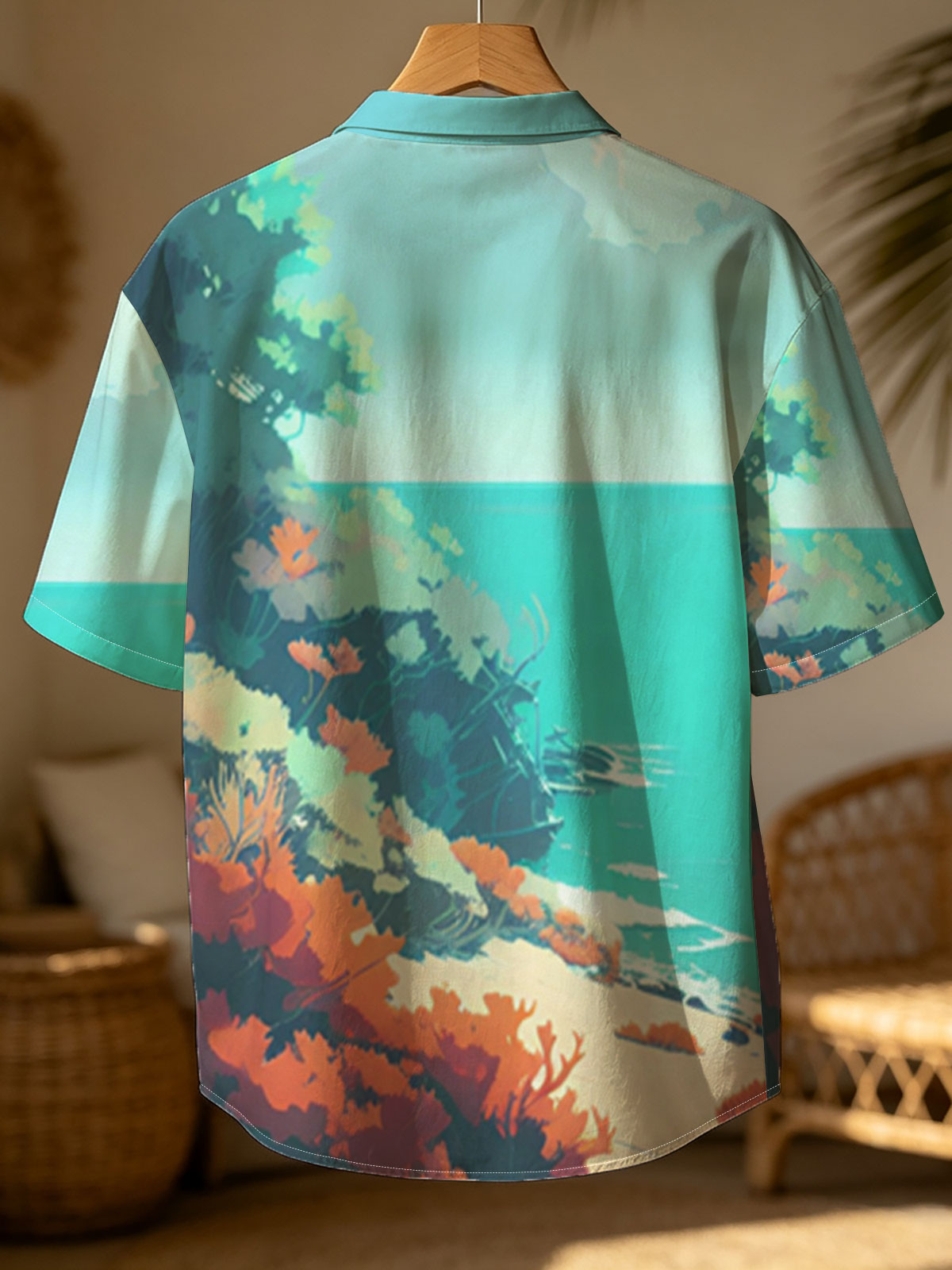 Colorful coastal landscape with vibrant flora and a distant ship on turquoise waters. -  Shirt
