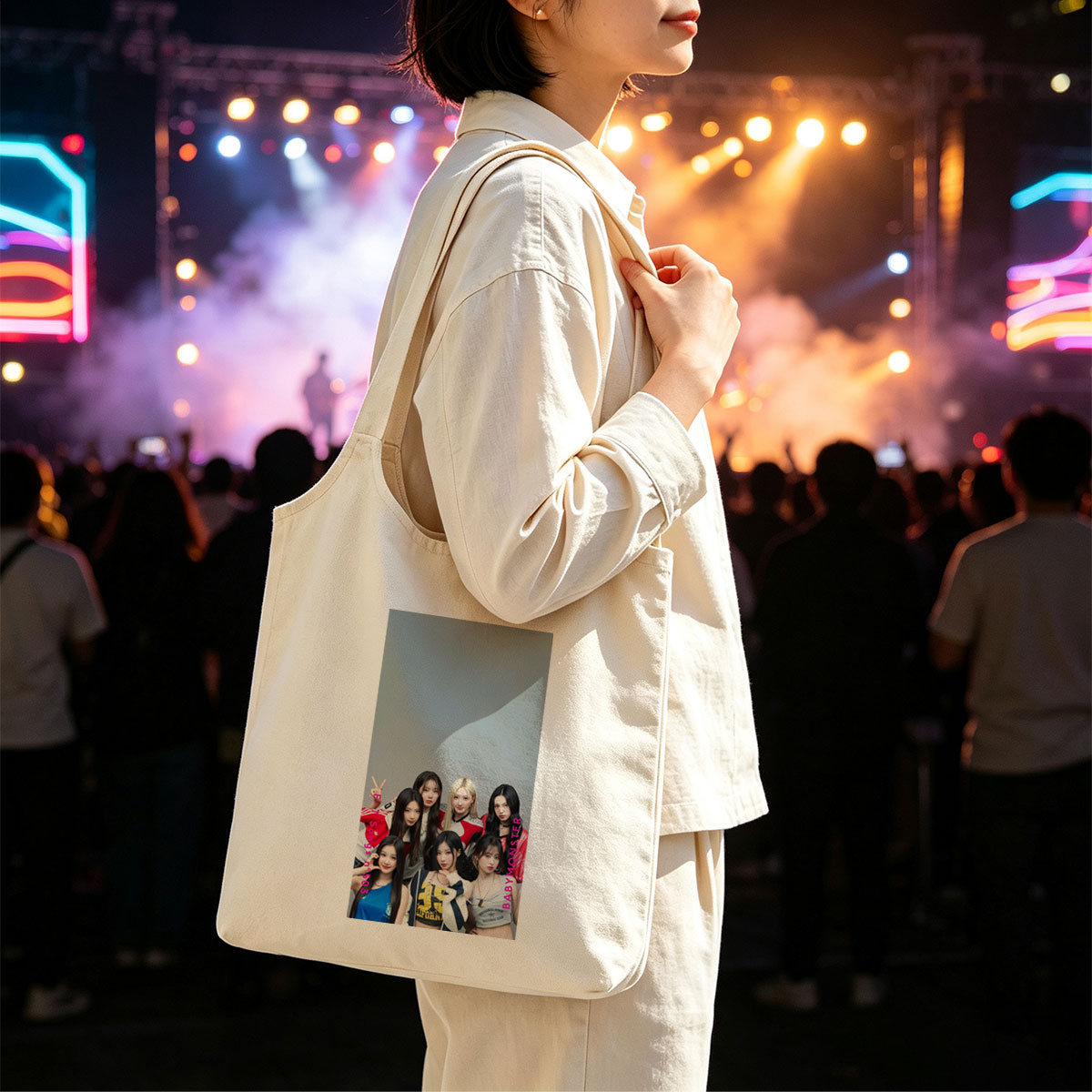 BABYMONSTER Group Photo - Seven Members Posing in Casual Outfits with Playful Expressions and Hand Gestures - Canvas shoulder bags/