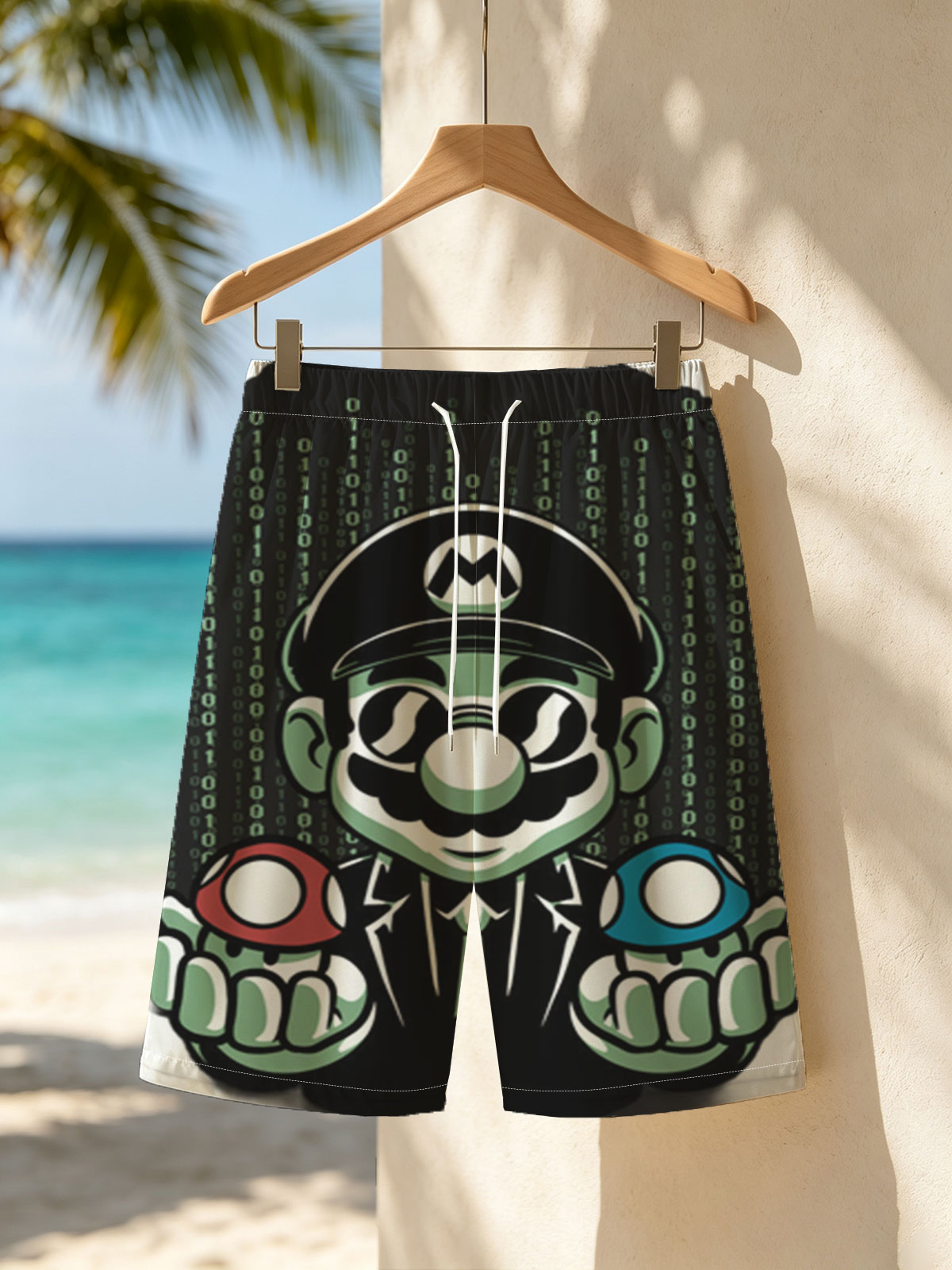 Mario in Matrix Code with Red and Blue Mushrooms -  Beach shorts