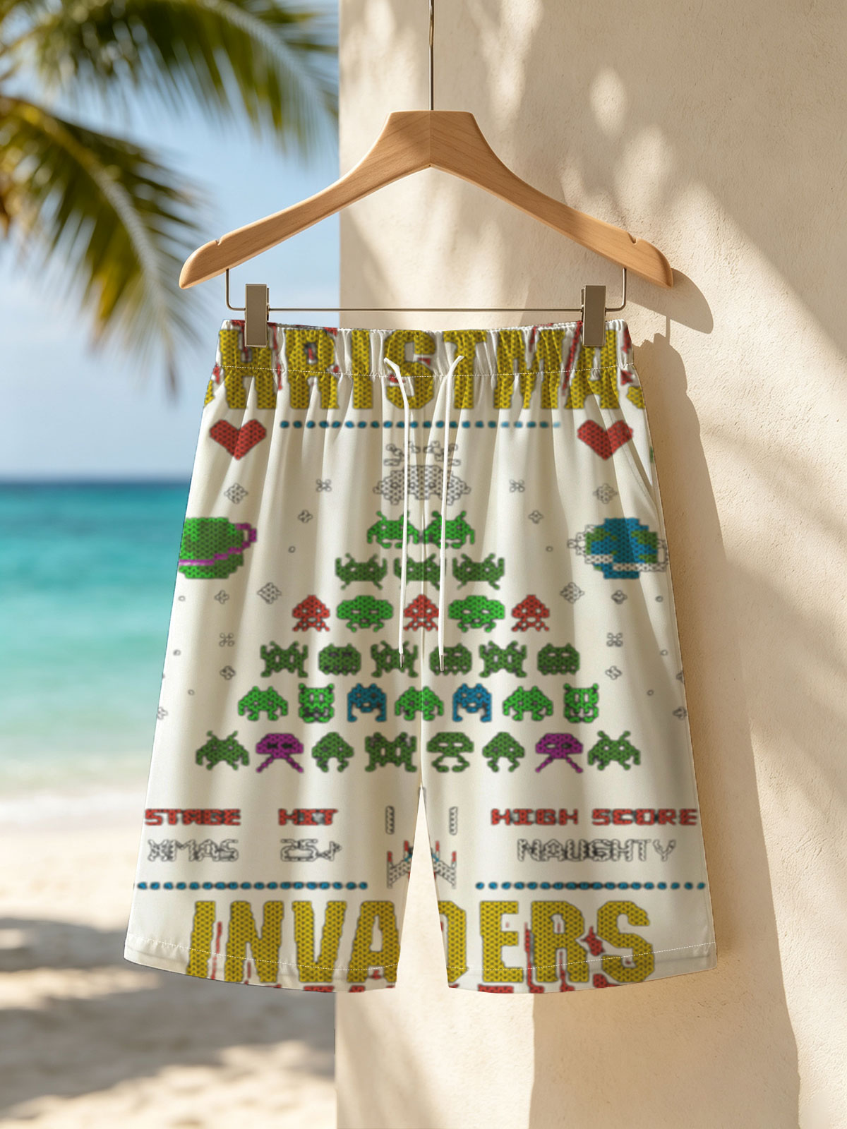 Christmas Invaders: Space Aliens, Santa, and Pixel Art Holiday Battle -  Beach shorts