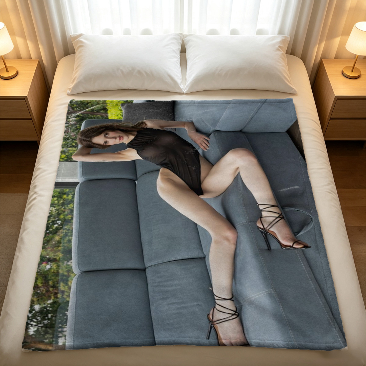 A woman in black mesh thong panties pulling them up on a leather couch. - Blanket