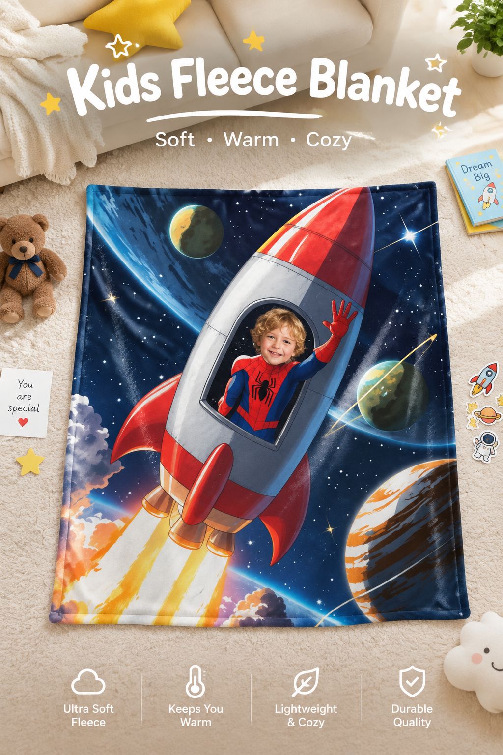 Custom Face Astronaut Rocket Blanket, Personalized Photo Plush Flannel Throw for Kids, Cozy Galaxy Bedding Gift