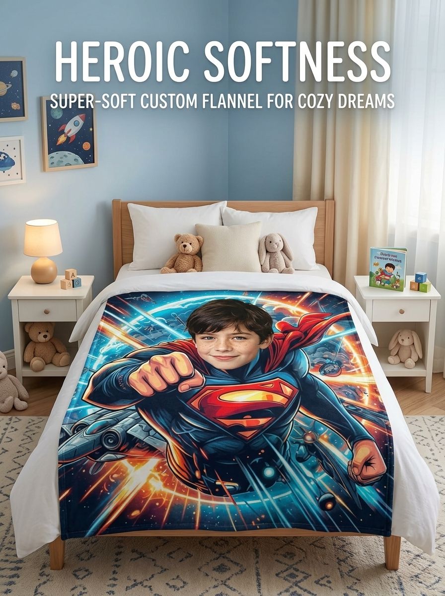 Custom Face Photo Superhero Flannel Fleece Blanket Personalized Comic Throw Cozy Bedding Gift for Kids and Adults
