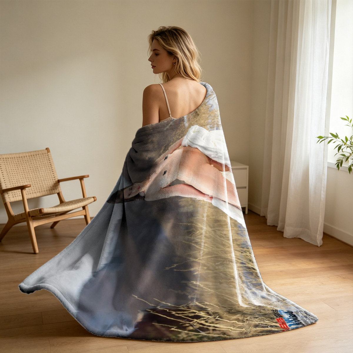 Nude Woman Sitting on Beach Facing Ocean Waves - Blanket
