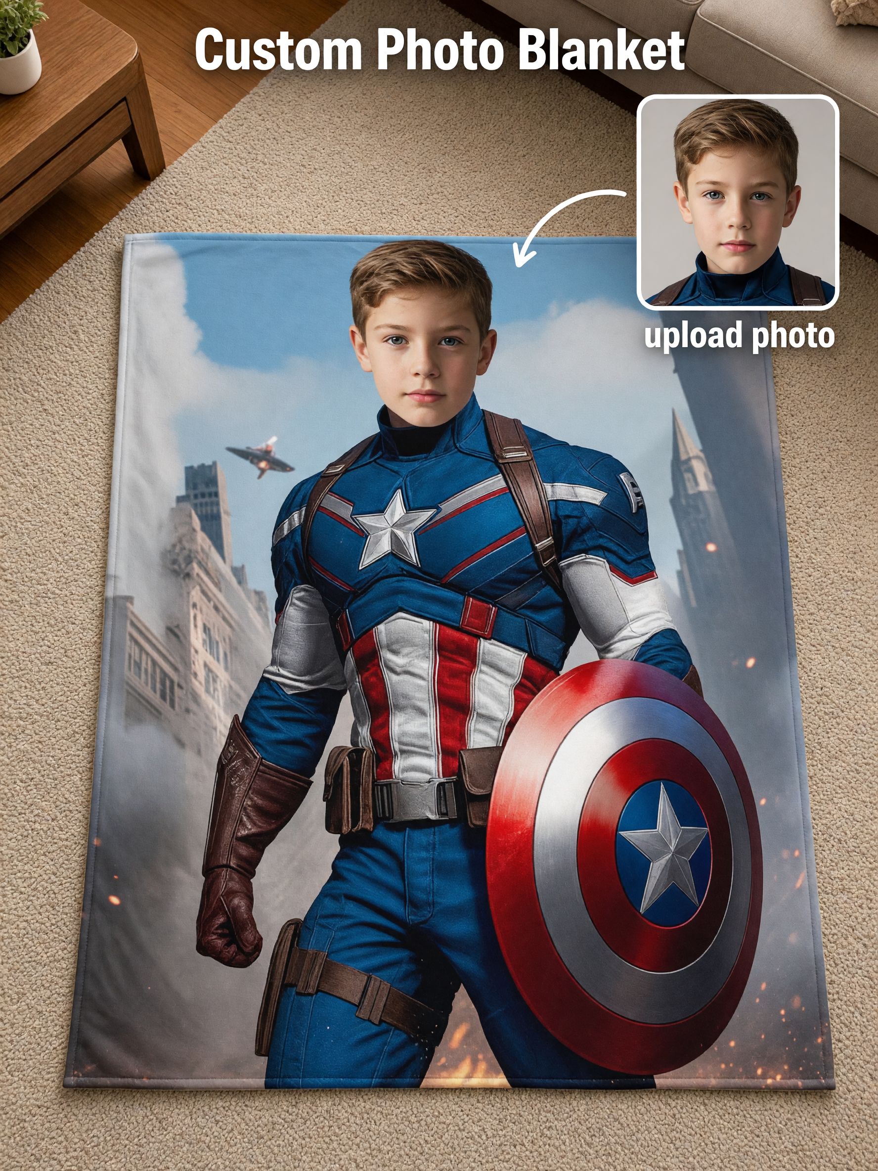 Custom Face Photo Superhero Fleece Blanket Personalized Flannel Throw for Kids and Adults Cozy Birthday Gift