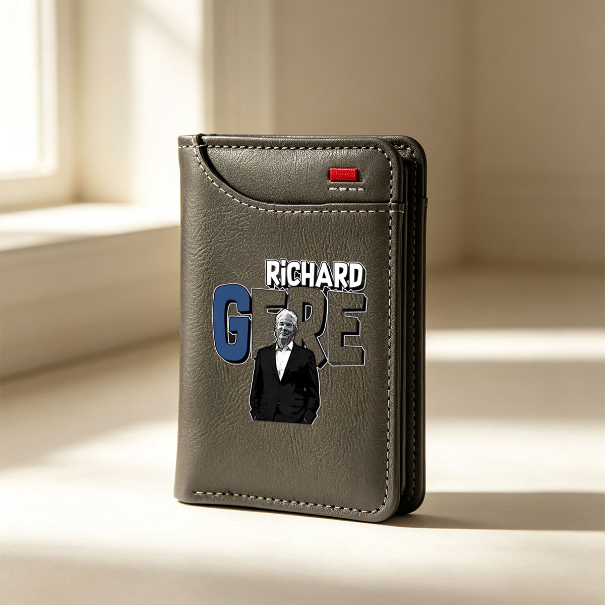 Richard Gere in a stylish suit, bold text backdrop - Vertical Style Wallet