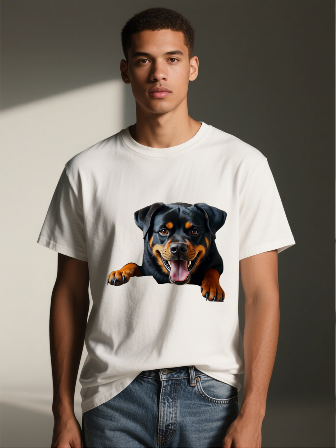 Men's Printed T-Shirt Featuring Rottweiler Dog Face Design, Casual Round Neck Lightweight Breathable Summer Short Sleeve Tee for Dog Lovers and Pet Enthusiasts