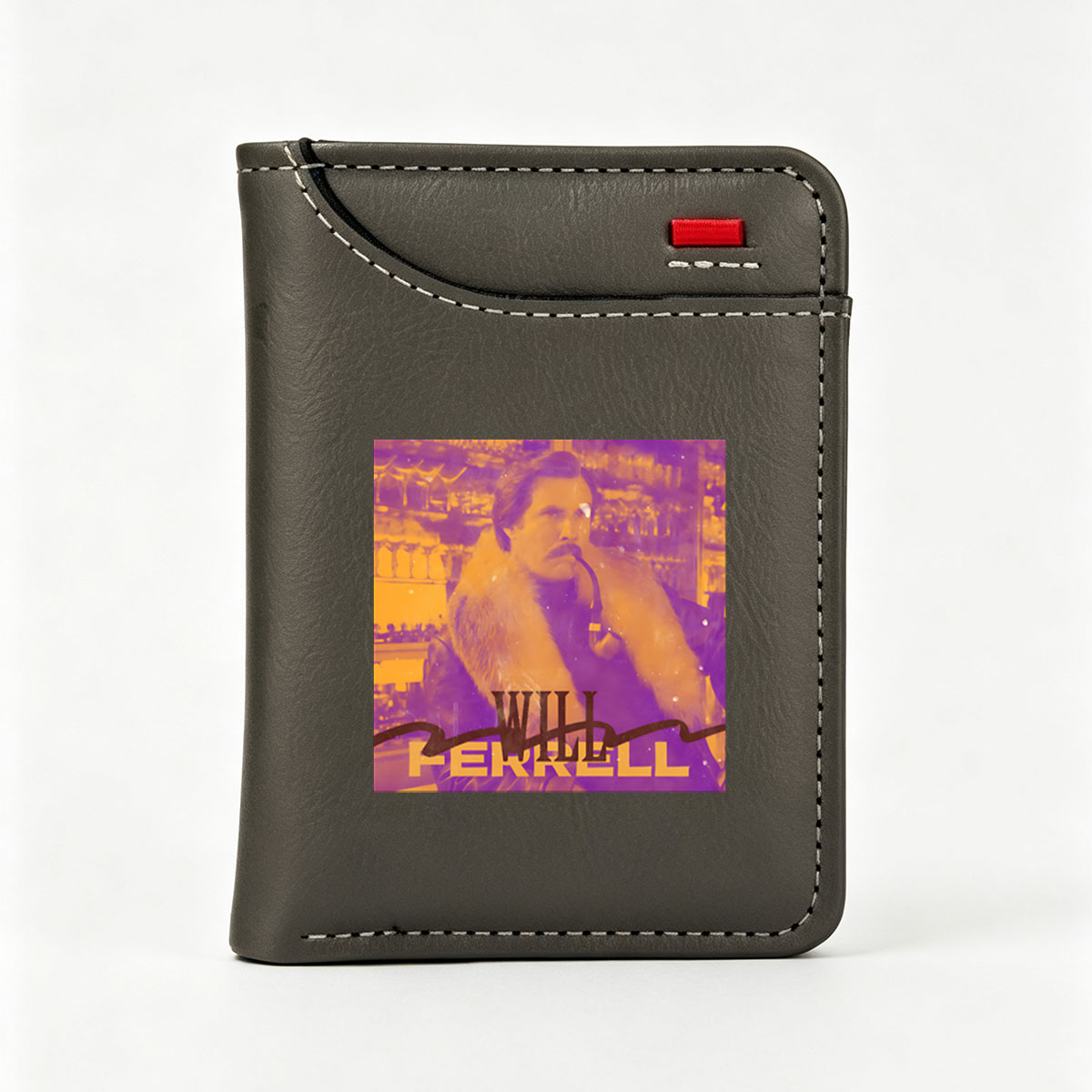 Will Ferrell as Ron Burgundy in Anchorman, smoking a pipe in a bar setting - Vertical Style Wallet