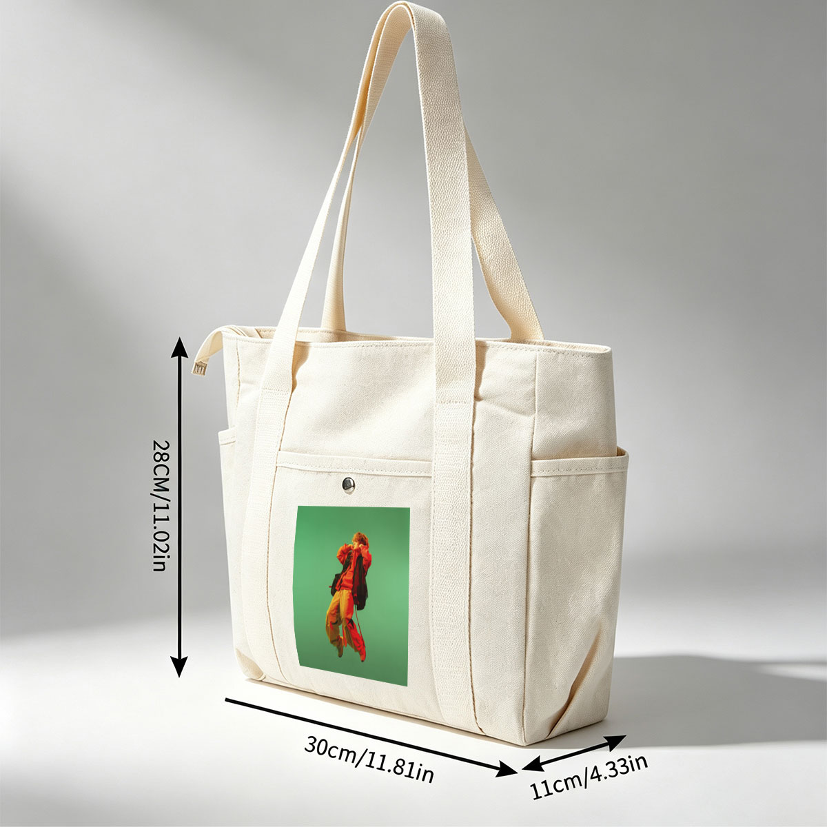Troye Sivan in a vibrant red and yellow outfit mid-jump against a green background - Multi-pocket bags