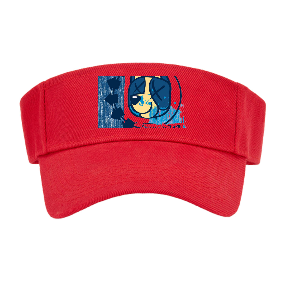 Bluey-182: A stylized blue and yellow cat face with X eyes, arrows, and splatter effects on a textured blue background. -  Visor cap