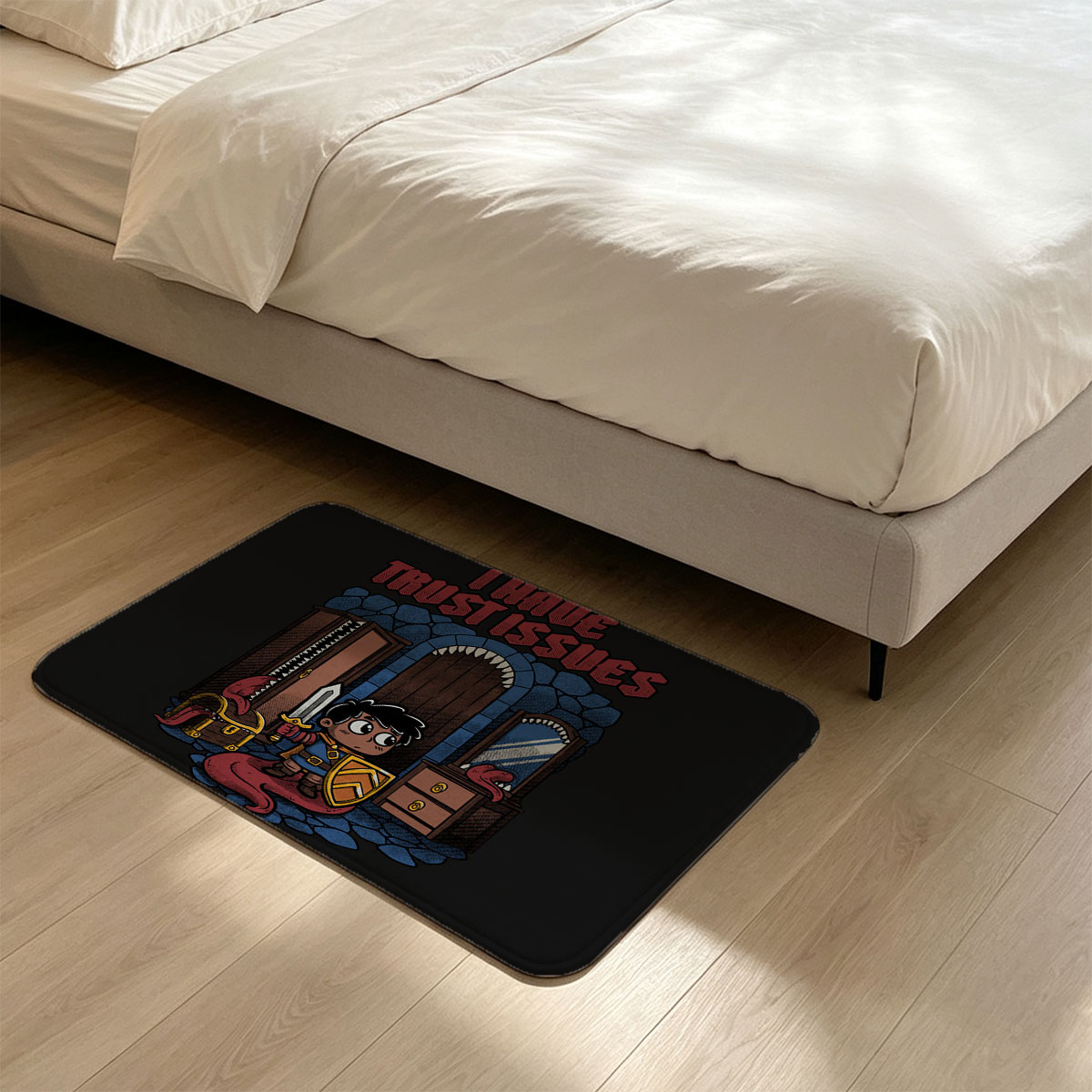 I Have Trust Issues: A Knight with a Sword and Shield Stands Before a Door with a Dragon's Tail, Chest, and Mirror in a Stone Room - Flannel floor mat