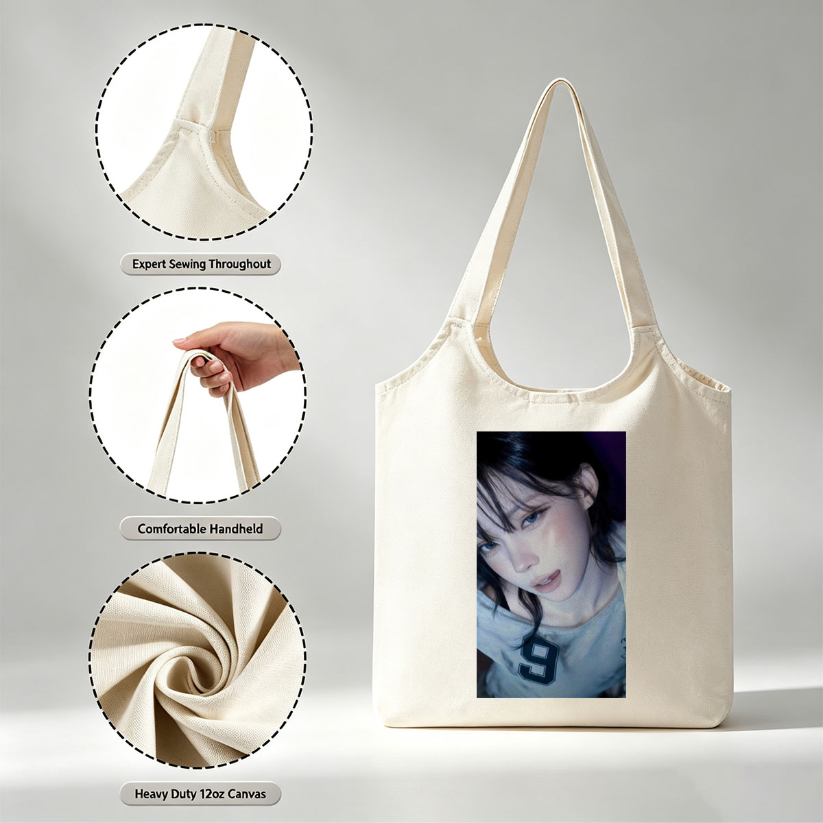 Kim Ji-min in a Close-Up Portrait Wearing a Gray T-Shirt with Number 9 - Canvas shoulder bags/